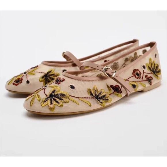 ZARA Floral Embroidery Mesh Pink Ballet Flats Shoes Size US 10 EUR - Main Image